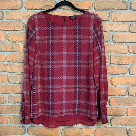 The Limited Womens Medium Top Burgundy Plaid Long Sleeve Layered Blouse Workwear - Picture 1 of 5